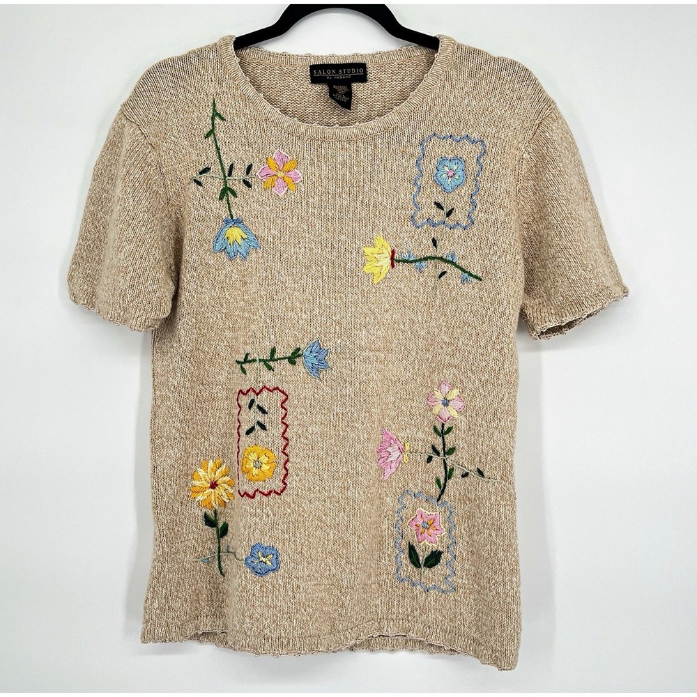 Salon Studio Haband Womens L Embroidered Floral Knit Sweater Top Cotton Cottage
